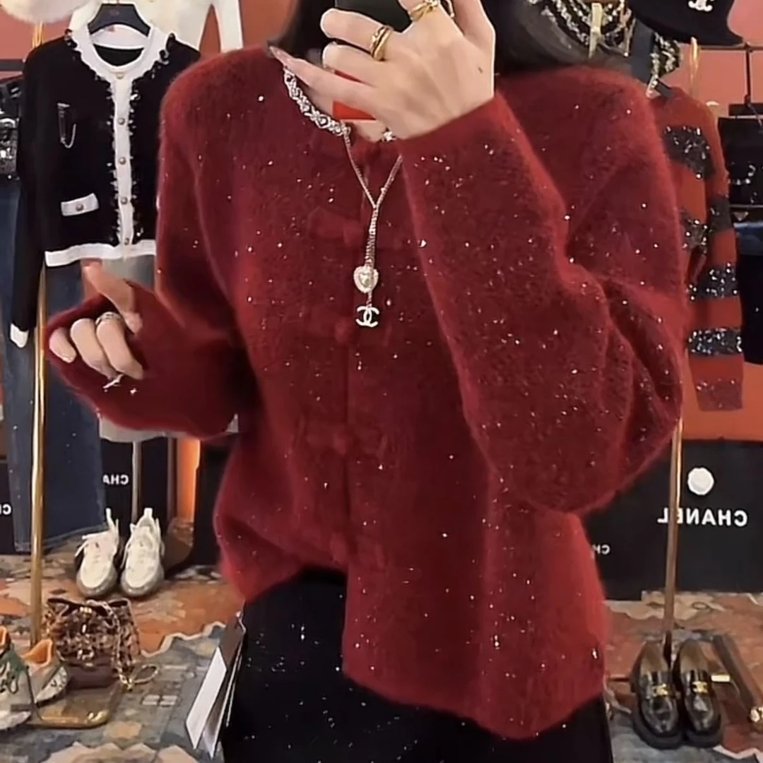 新中式复古盘扣国风红色氛围感毛衣2025初春新款优雅气质减龄上衣