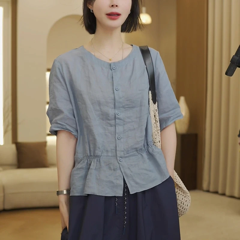 慵懒风复古五分袖衬衫女2025夏季新款小衫显瘦减龄宽松苎麻上衣女