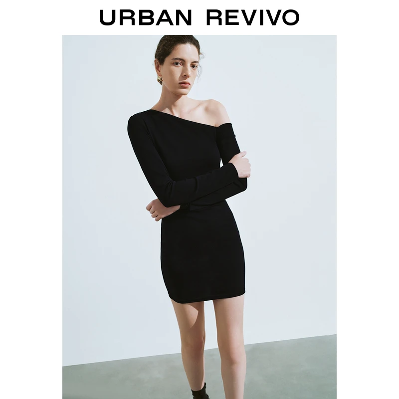 UR2025秋季新款女装斜肩领褶皱修身长袖连衣裙UWM750036