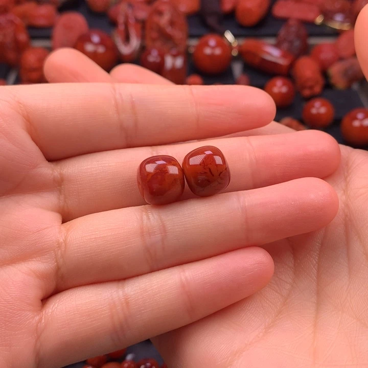 你***～南红玛瑙未镶嵌火焰纹老型对珠12MM