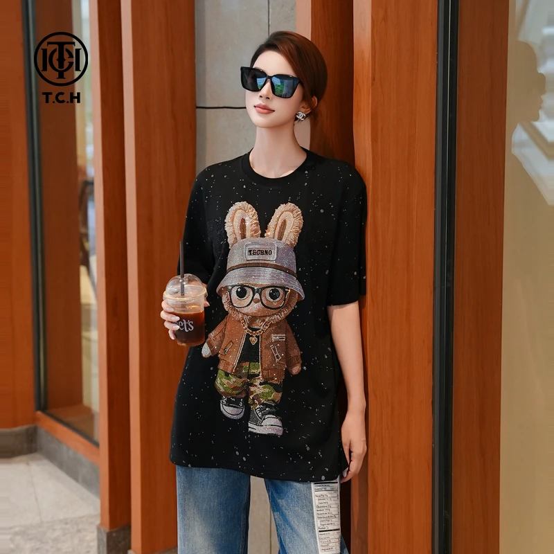 TCH轻奢烫钻工艺卡通潮流宽松百搭休闲短袖T恤T75C10E9052私服tch