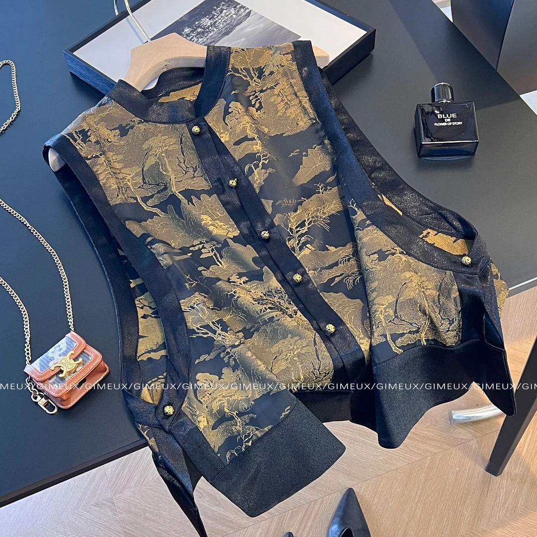 新中式国风复古马甲女2025新款初秋高级感印花无袖外搭背心