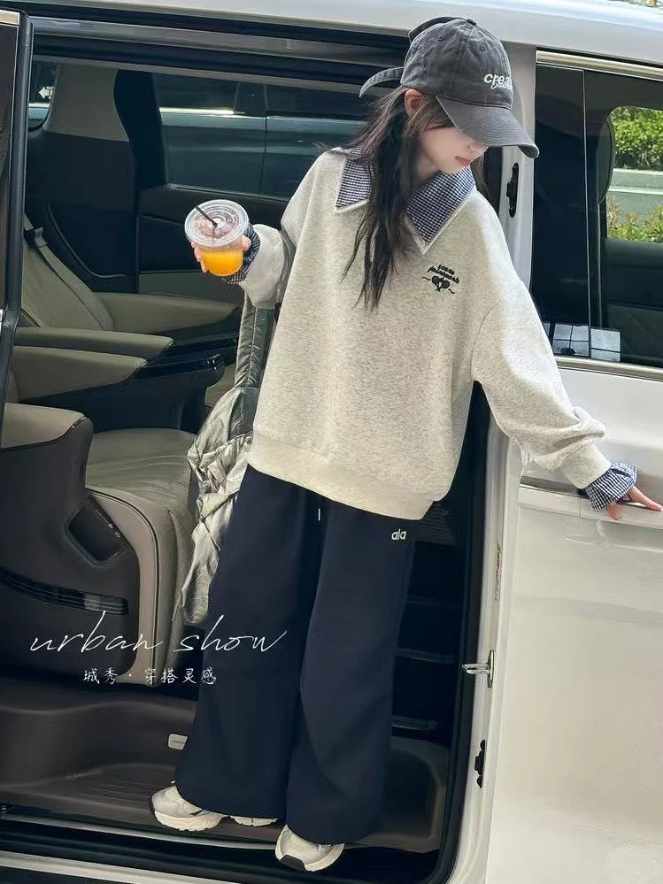 9567～秋季高品质休闲女童格子拼接卫衣