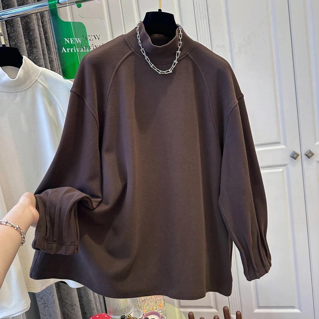 特大码300斤半高领双面宽松百搭褶皱袖T恤男秋冬款ins保暖上衣潮2