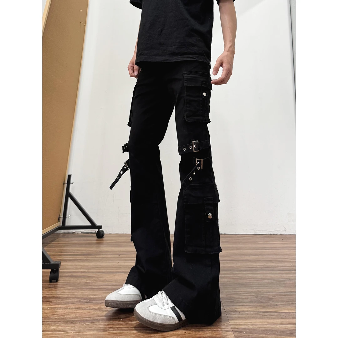 黑色微喇绑带工装牛仔裤男视觉系显瘦美式高街vibe直筒裤子夏季