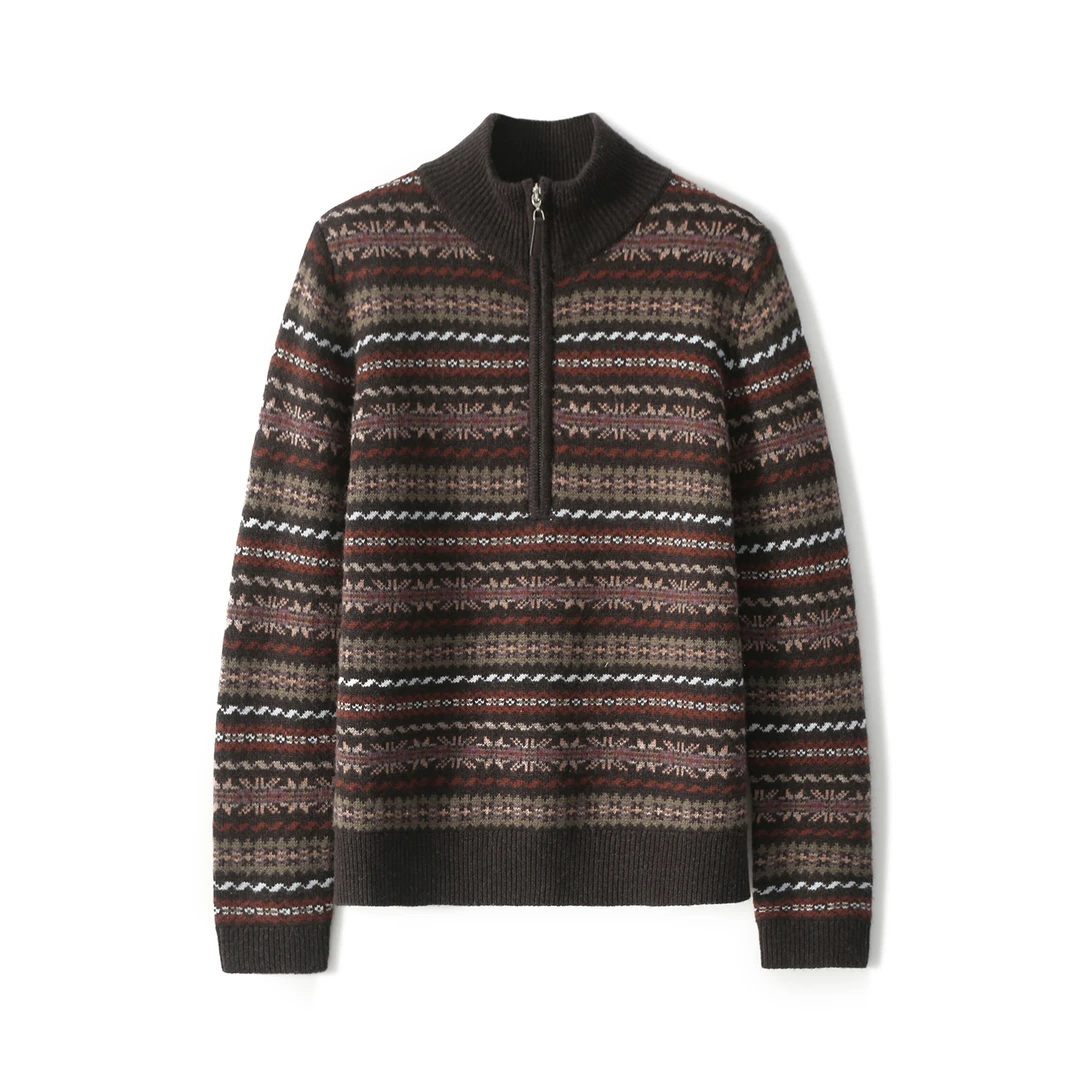 费尔岛提花~ 意大利工艺羊毛羊绒半开襟针织上衣女新ZYB860749VG