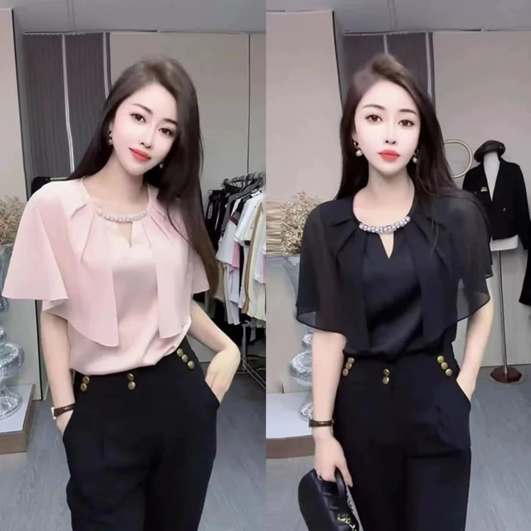 设计感斗篷肩短袖雪纺衫女春季新款宽松遮肚显瘦纯色气质圆领上衣