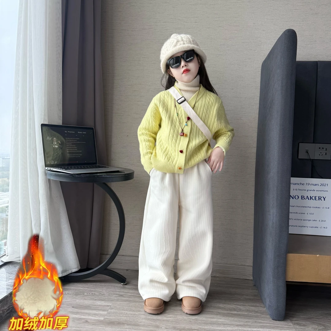 女童秋冬季时髦假两件高领毛衣打底衫女孩加绒加厚条绒阔腿直筒裤