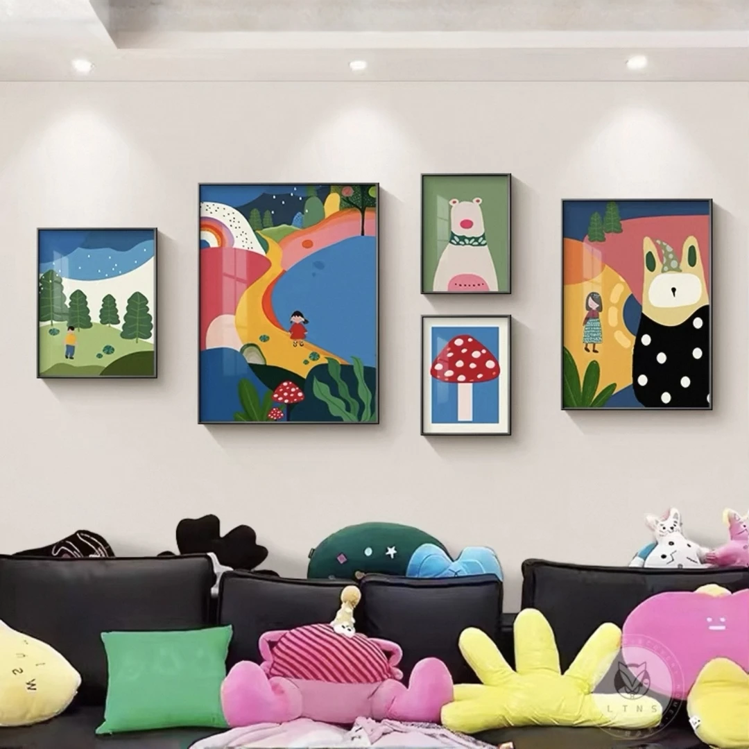 多巴胺组合肌理板画复古客厅背景五联竖款装饰画玄关餐厅装饰画