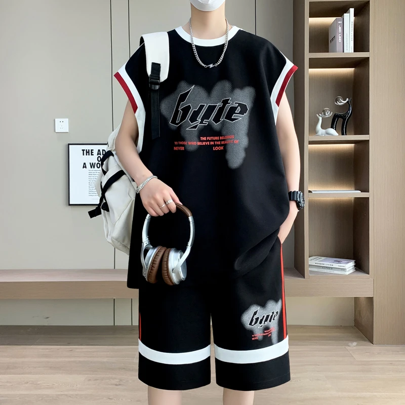 夏季新款无袖背心套装男大码潮牌百搭宽松学生帅气休闲运动两件套