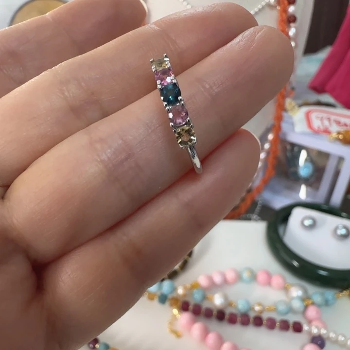 碧玺戒指银S925镶嵌碧玺排戒天然结构