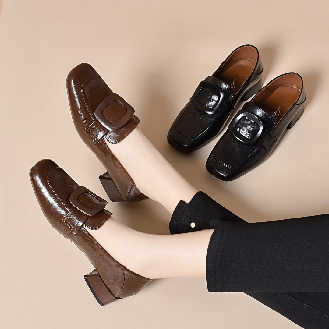 真皮法式气质复古乐福鞋皮鞋英伦风粗跟一脚蹬舒适百搭方扣单鞋女