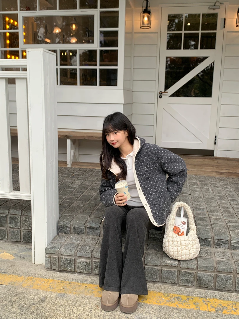 ANA宝藏珍妮 冬季新款韩系设计师宽松保暖波点摇粒连帽外套女生