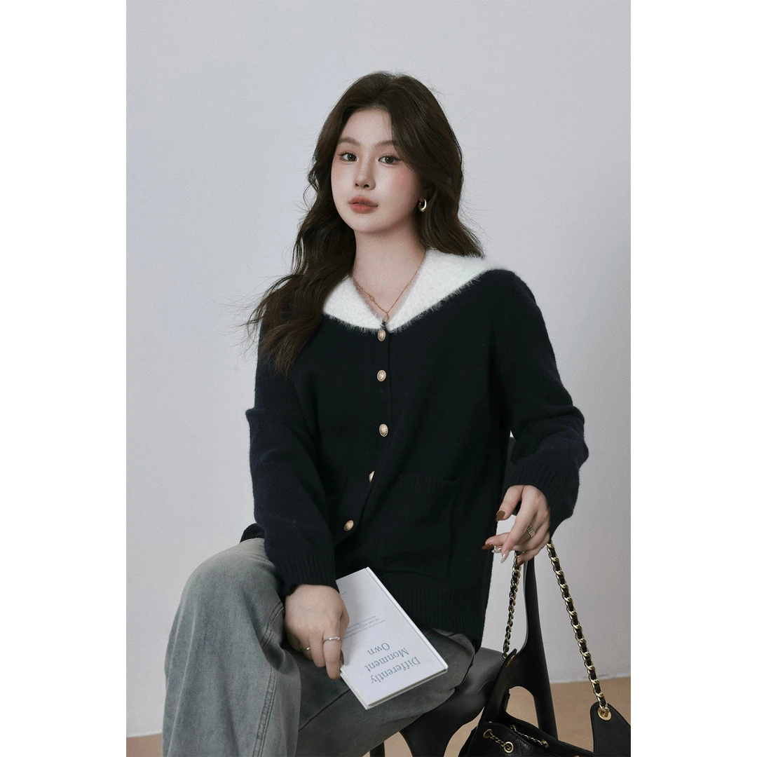 大婉酱微胖定制【文静书生】海军领设计感毛衣冬季百搭毛织衫 2633D