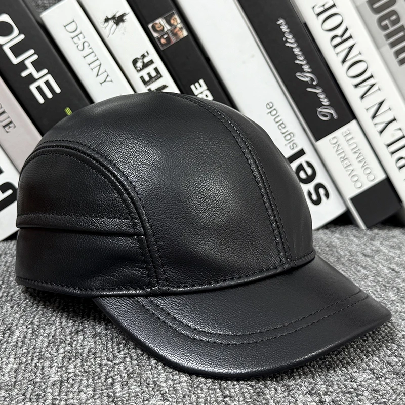 羊皮棒球帽男士短檐真皮鸭舌帽户外休闲全封口皮帽子中年春秋冬款