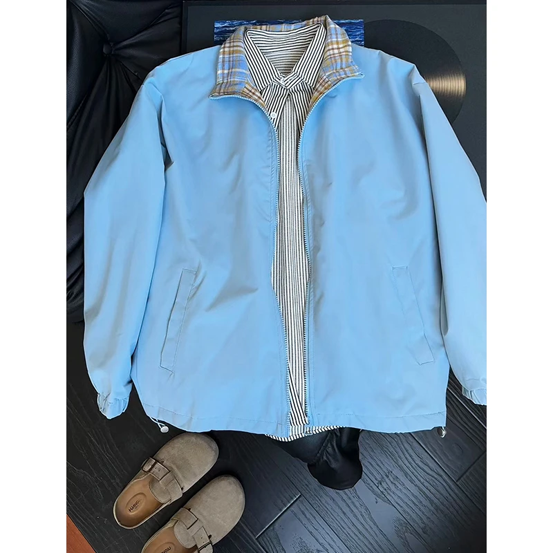 cleanfit撞色格子夹克男秋季美式潮牌翻领棒球服宽松廓形情侣外套