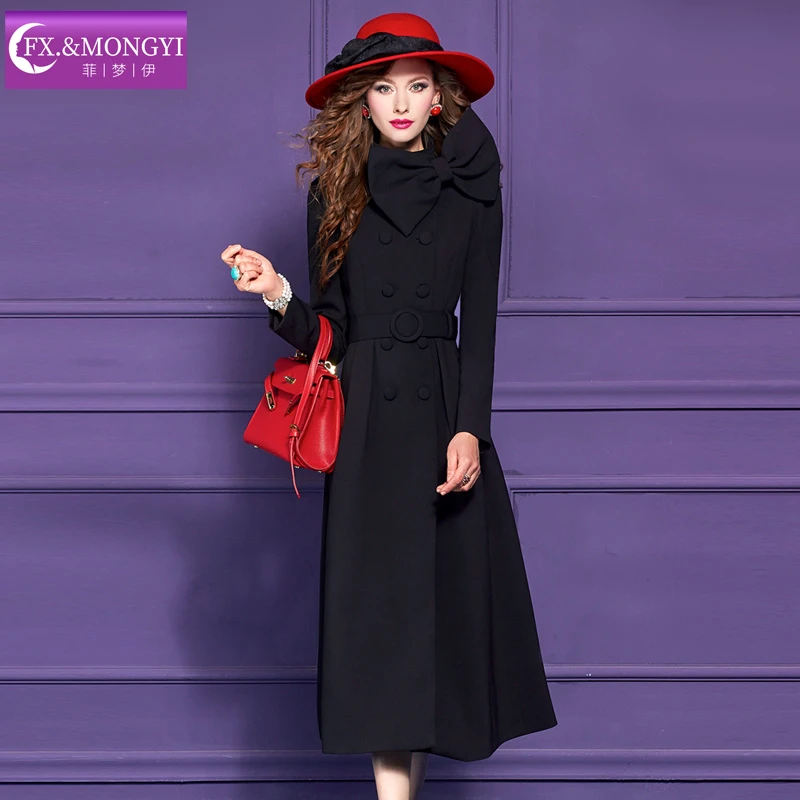 菲梦伊赫本风黑色毛呢外套女冬季法式优雅蝴蝶结收腰呢大衣69358