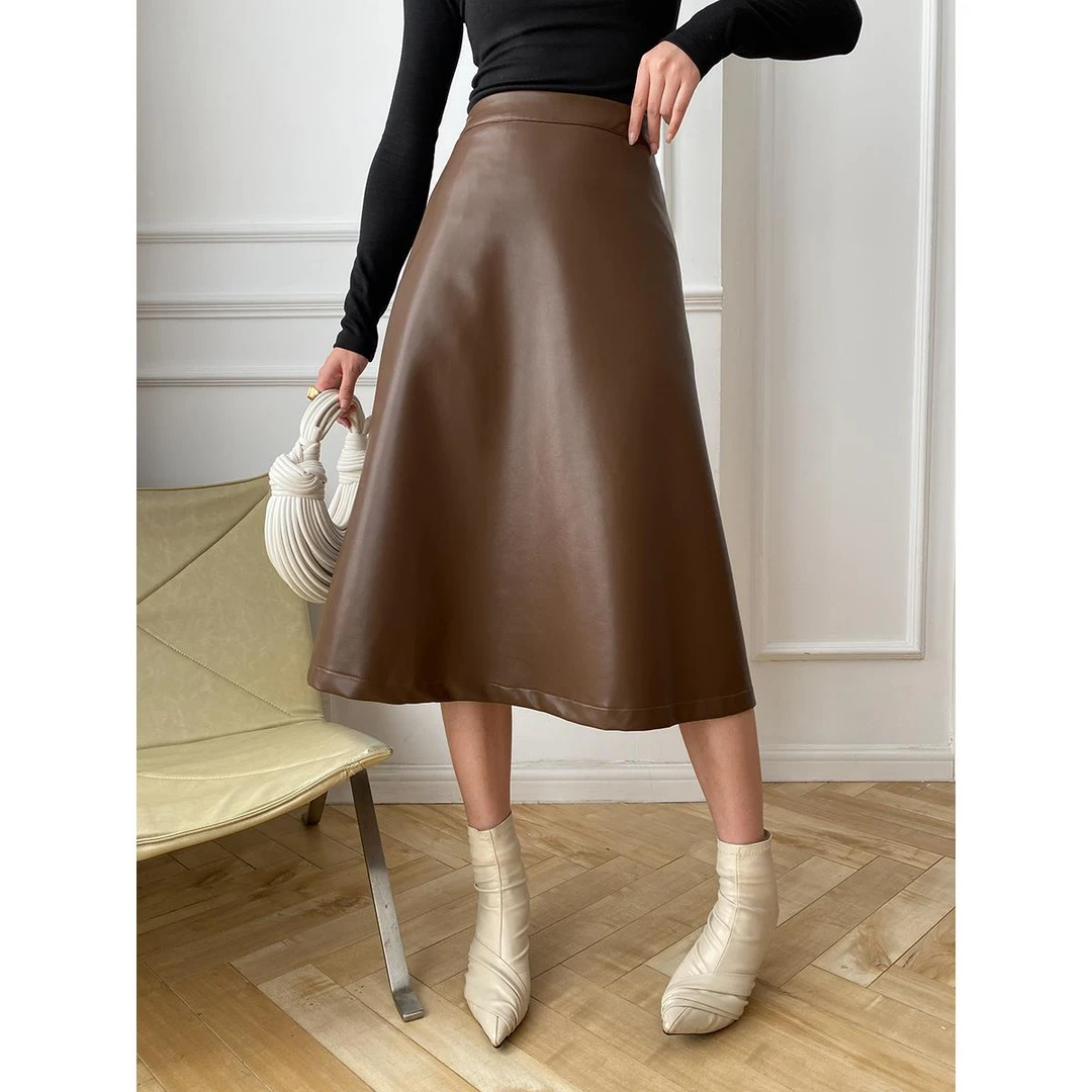 咖色哲学裙子秋冬封腰侘寂风高端欧货洋气半裙法式大摆pu皮半身裙