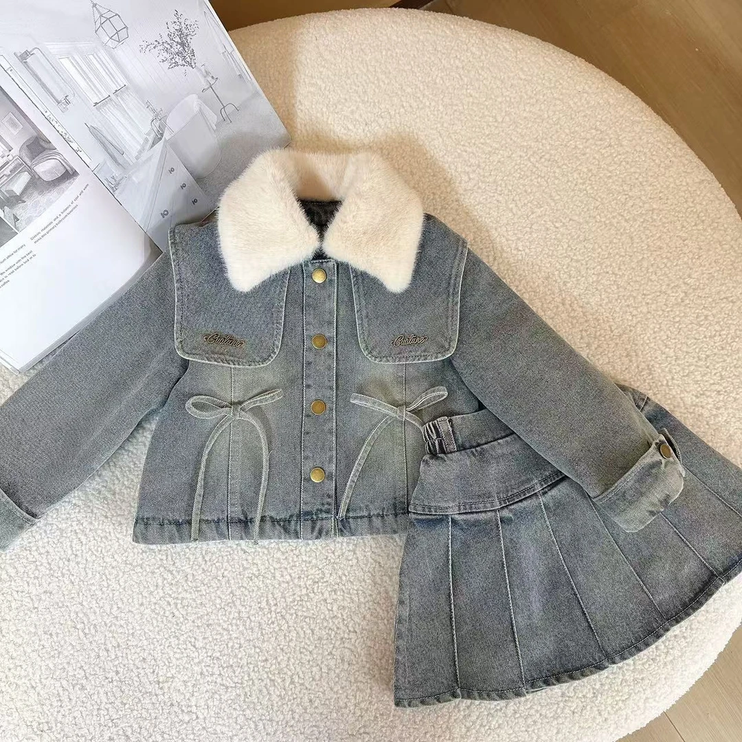 女童牛仔套装2025冬季新款儿童时髦翻领牛仔外套半身裙两件套