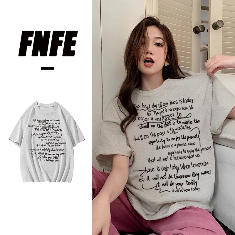 FNFE百搭休闲情侣款字母短袖T恤宽松韩版潮牌短袖上衣夏季小众