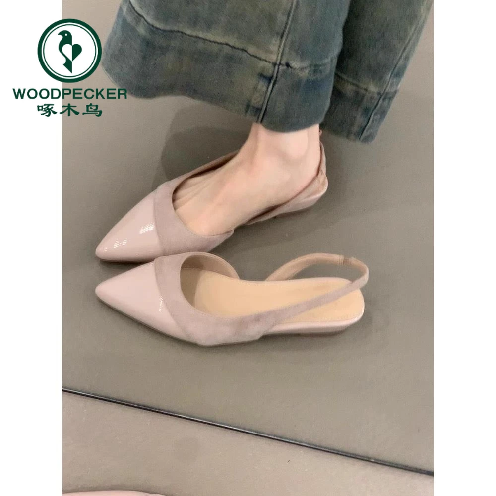 啄木鸟法式温柔拼接浅口一脚蹬2025年单鞋女百搭低跟后空通勤凉鞋