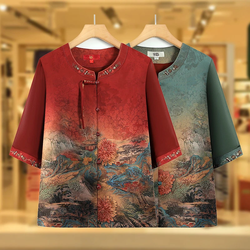 妈妈装春夏季半袖国风小衫中老年人女士复古印花上衣奶奶夏装衬衫