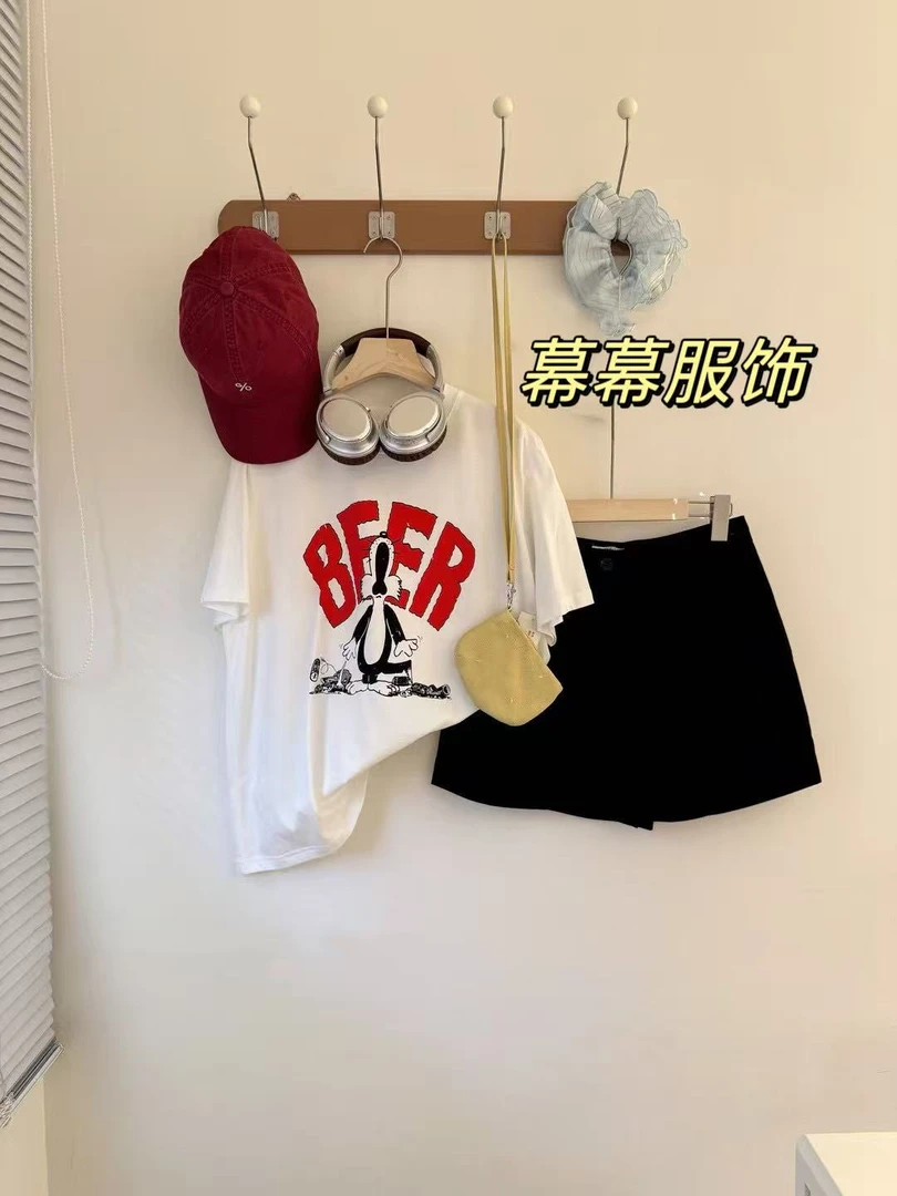 【幕幕】【1350-1399】白色时尚女装韩版休闲T短袖数字洋气百搭宽松