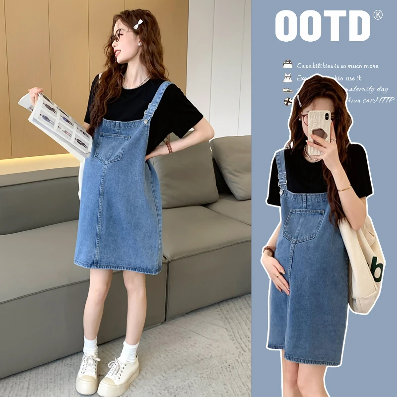 夏季新款孕妇背带裙时尚韩版洋气减龄百搭短袖T恤宽松牛仔背带裙