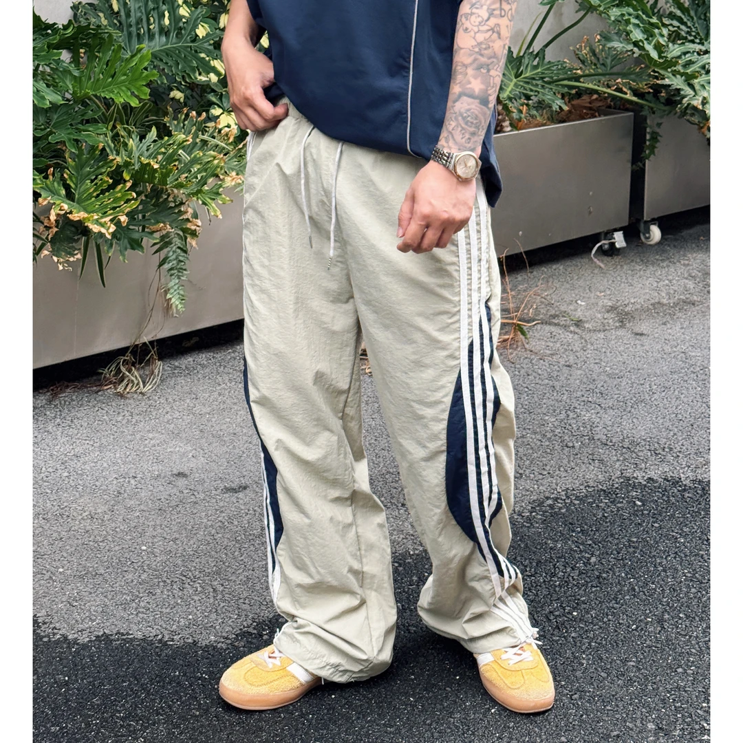 美式高街多巴胺三条杠条纹伞兵裤男夏季直筒宽松休闲运动长裤子潮