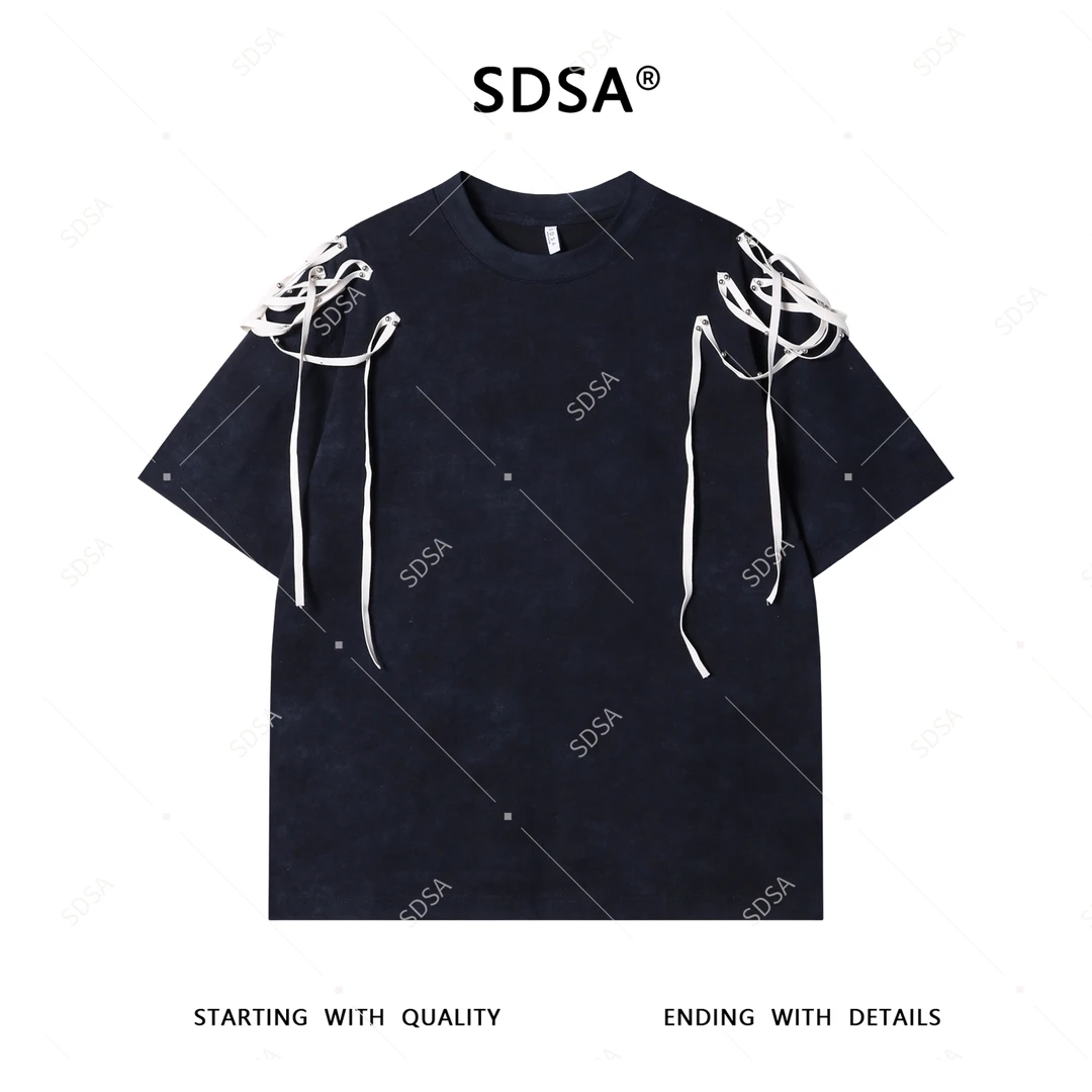 SDSA夏季高级感新款男士设计感铆钉织带简约短袖T恤宽松圆领上衣