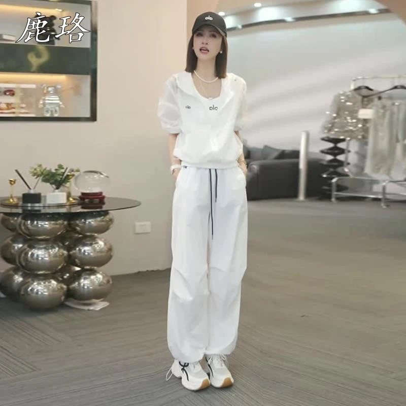 休闲运动套装女夏季2025新款高级感洋气白色 防晒套装两件套长裤