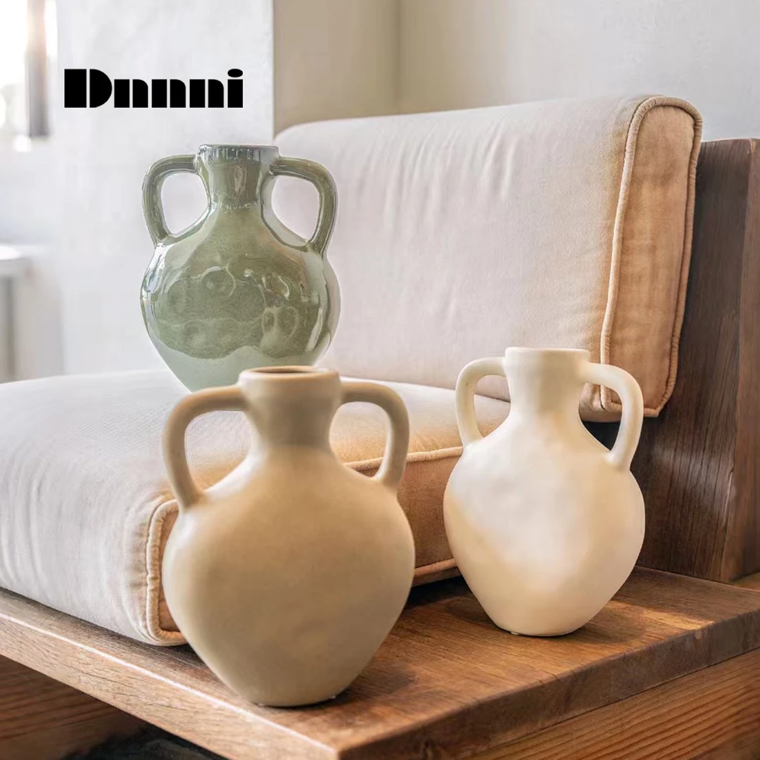 Dnnni中古双耳花器客厅餐厅桌面陶瓷花瓶摆件玄关酒柜小众高级感
