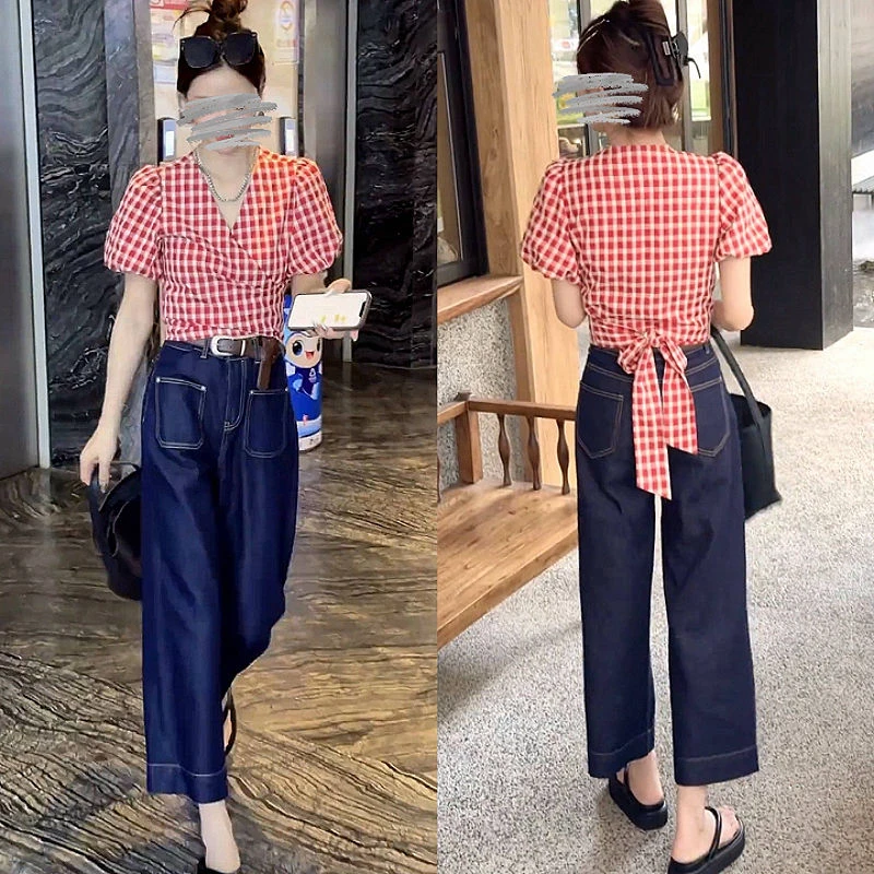 夏季新款小清新设计感甜风露锁骨格子衬衫+直筒九分裤女牛仔裤