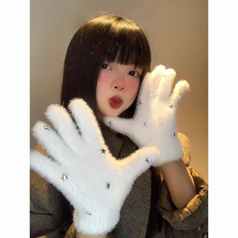 可爱星星毛绒手套女冬季白色ins风手套加厚保暖学生五指防寒骑行