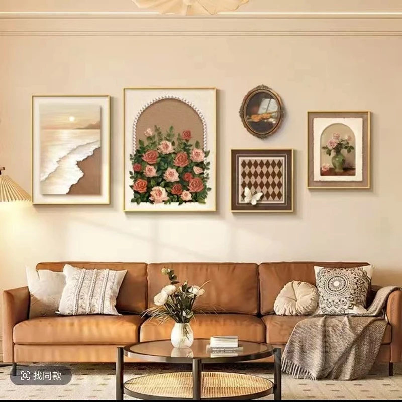 奶油原木风客厅沙发背景墙组合装饰画北欧高级感挂画花卉壁画五联