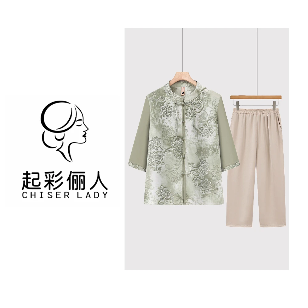 夏季立领印花中式套装时尚气质七分袖妈妈装041