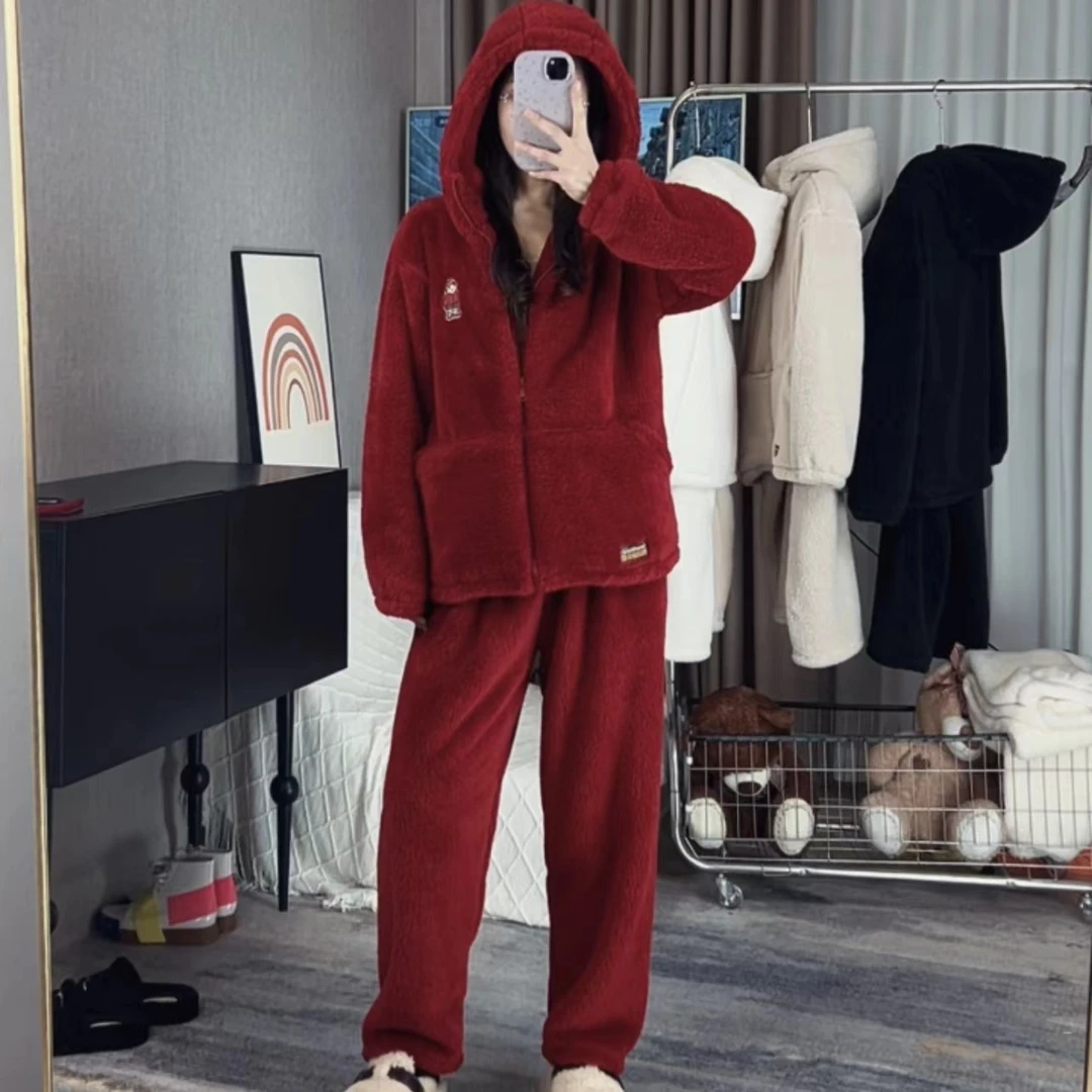 冬款加厚（雪地绒红）连帽款绒绒情侣家居服套装睡衣可外穿保暖