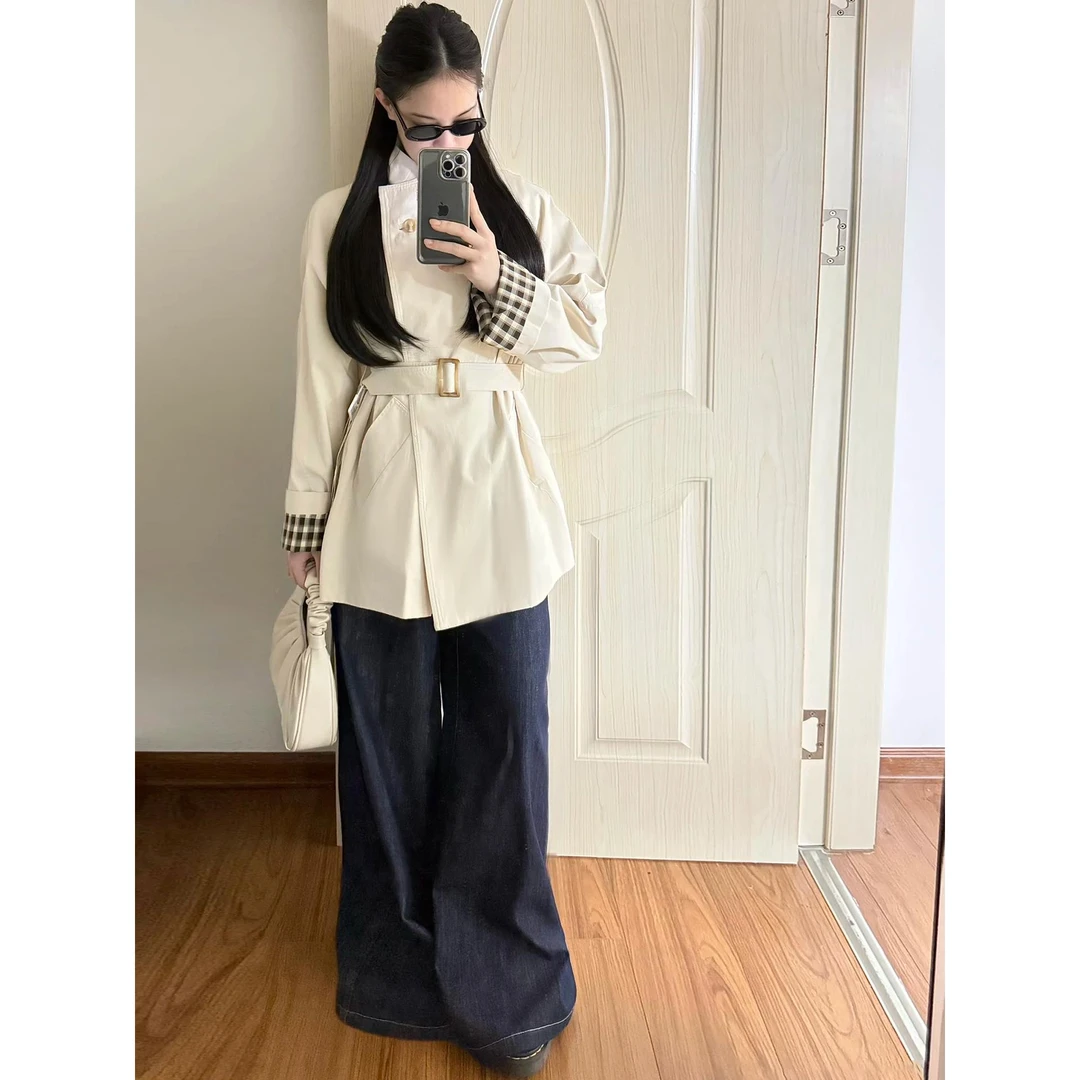 DUCURNO高级感米杏色风衣女秋季2025年新款设计感一粒扣斗篷外套