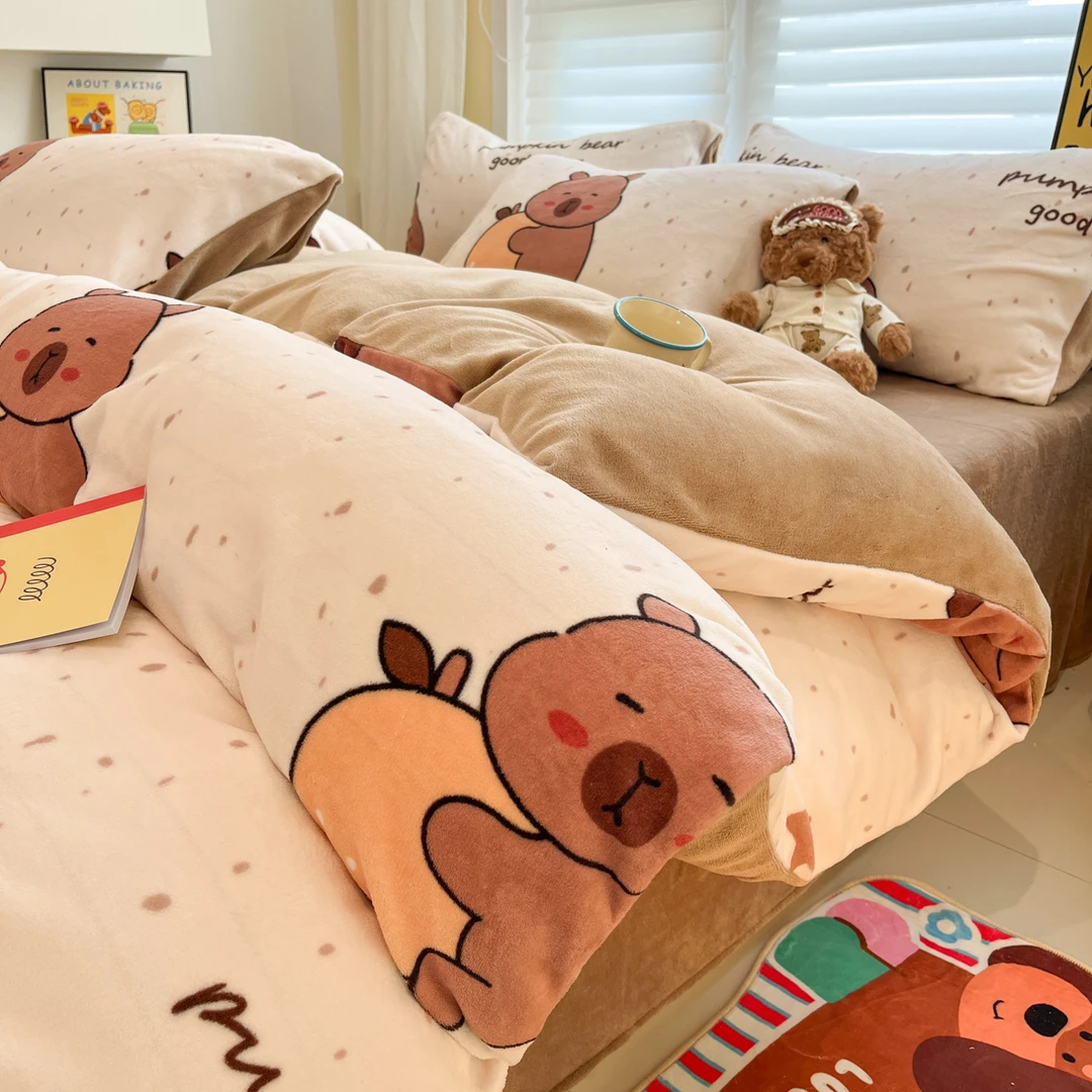儿童可爱卡皮巴拉牛奶绒床上用品双面珊瑚绒被套毛绒床单保暖冬季