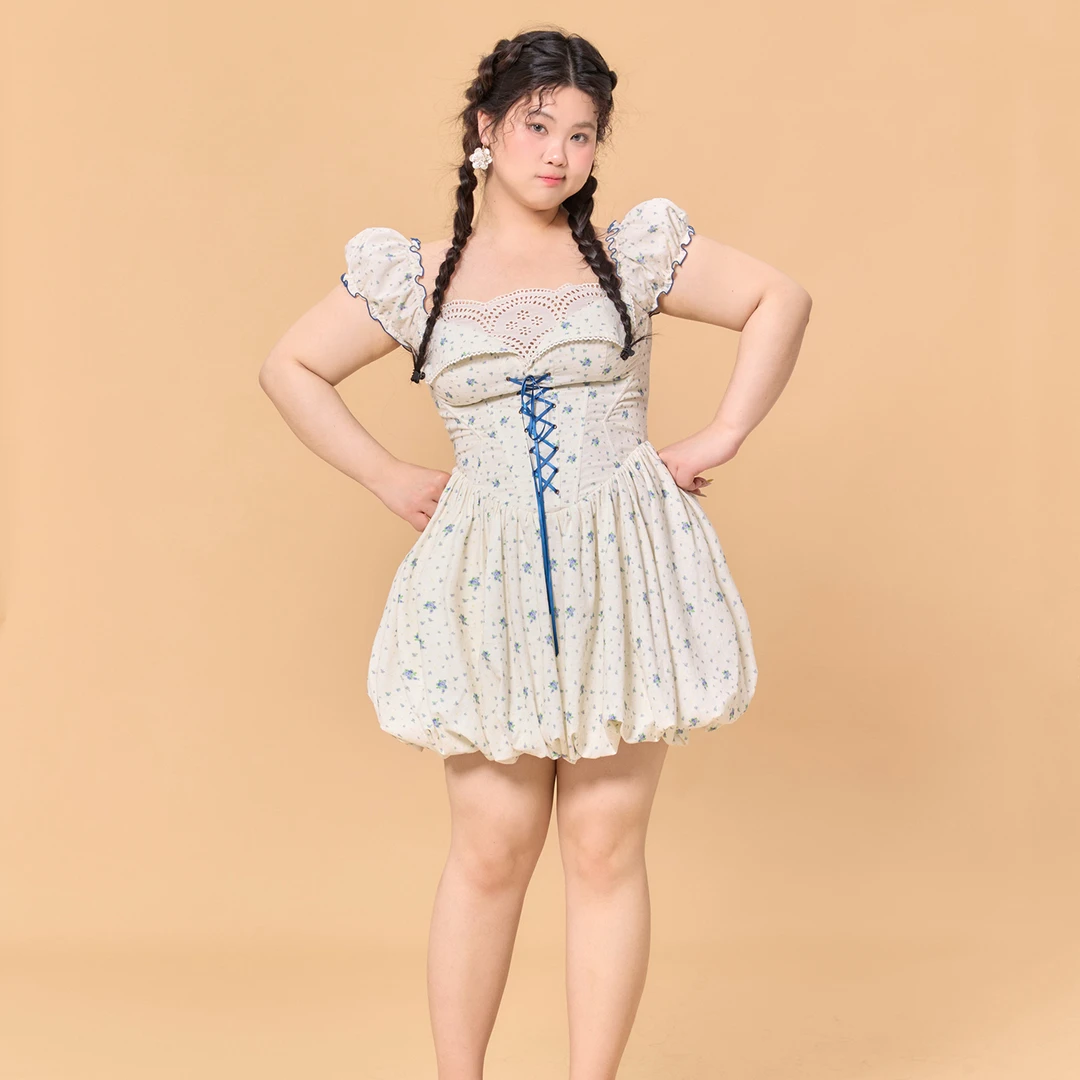 LaceMade大码女装 蓝莓果罐 田园碎花大码短款连衣裙法式花苞裙女