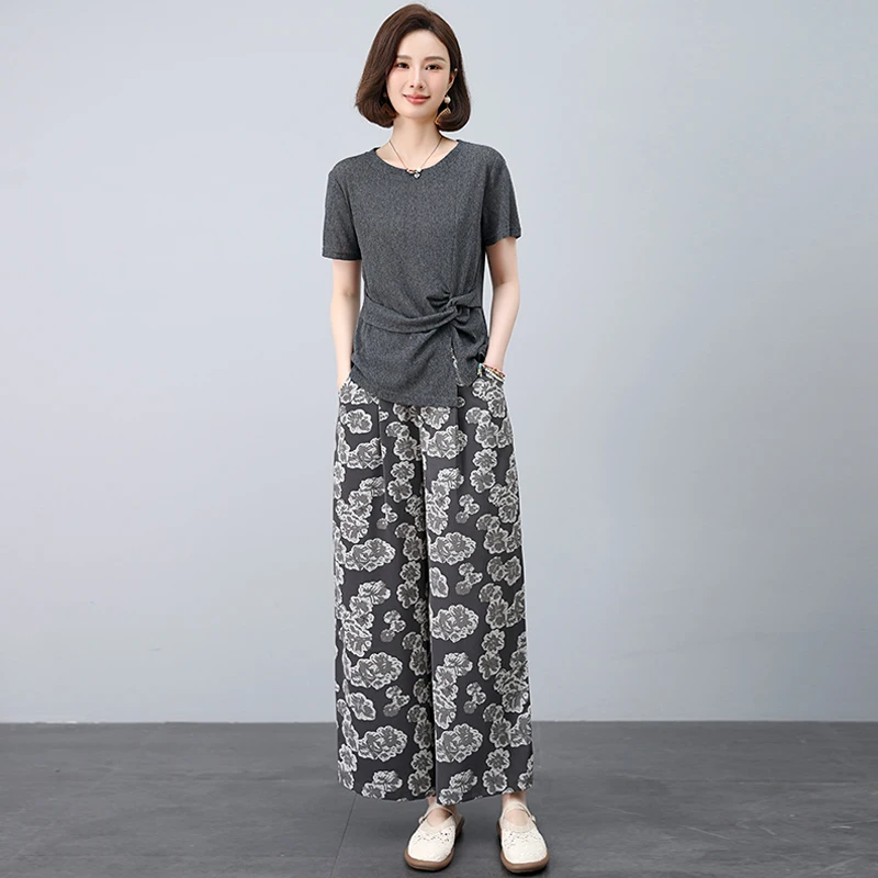 时尚大码套装女2025夏季新款洋气减龄显瘦短袖阔腿裤休闲两件套潮