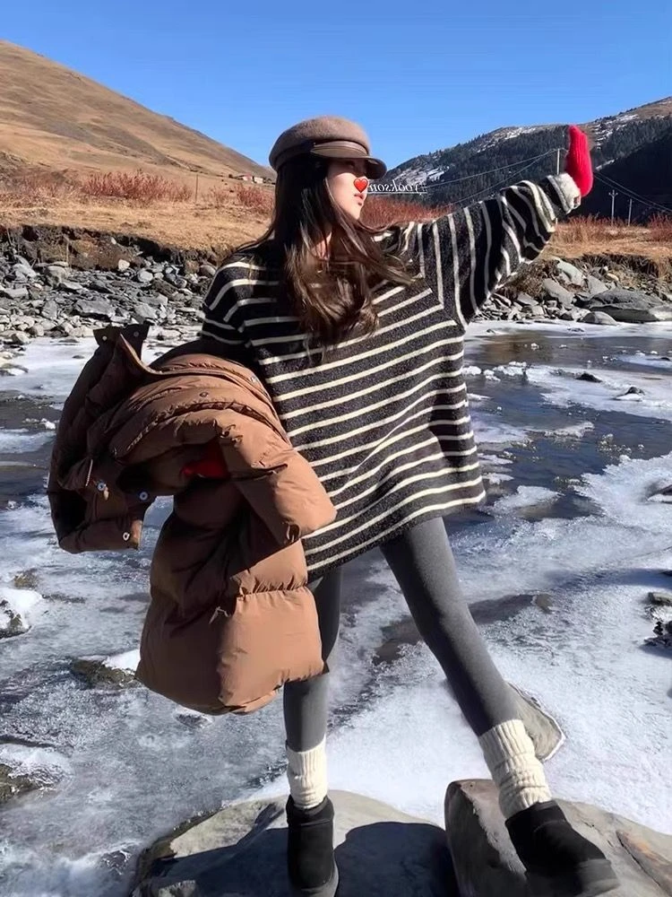 大码300斤胖mm冬季新款慵懒风宽松显瘦长袖条纹T女韩版学院风上衣