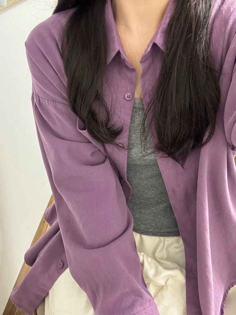 酱紫好看!纯棉质感紫色衬衫外套女宽松百搭纯色内搭叠穿长袖衬衣