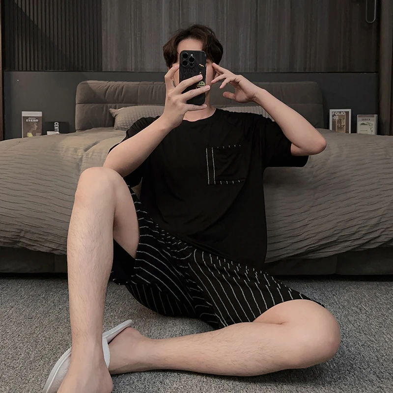 男士睡衣夏2025新款圆领莫代尔冰丝薄款短袖休闲可外穿家居服套装