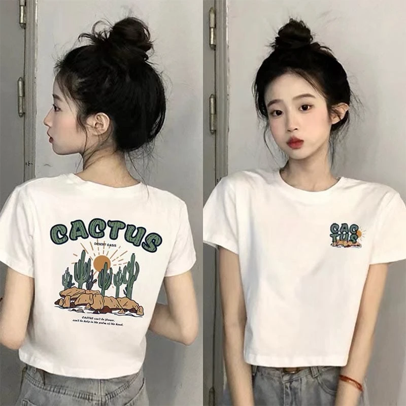 白色洋气短袖T恤女夏季2025新款韩版宽松设计感高腰短款百搭上衣