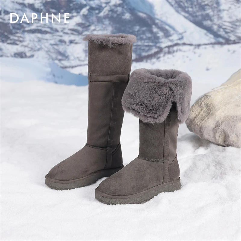 达芙妮灰色长筒雪地靴女鞋2025冬季新款毛毛保暖棉靴高筒加绒靴子