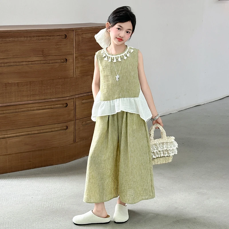 女童夏装套装2025新款时髦中大童夏季简约棉麻无袖阔腿裤两件套潮