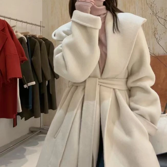 韩版连帽双面羊毛大衣小个子羊绒上衣高级感轻奢骆驼绒桑蚕丝毛呢