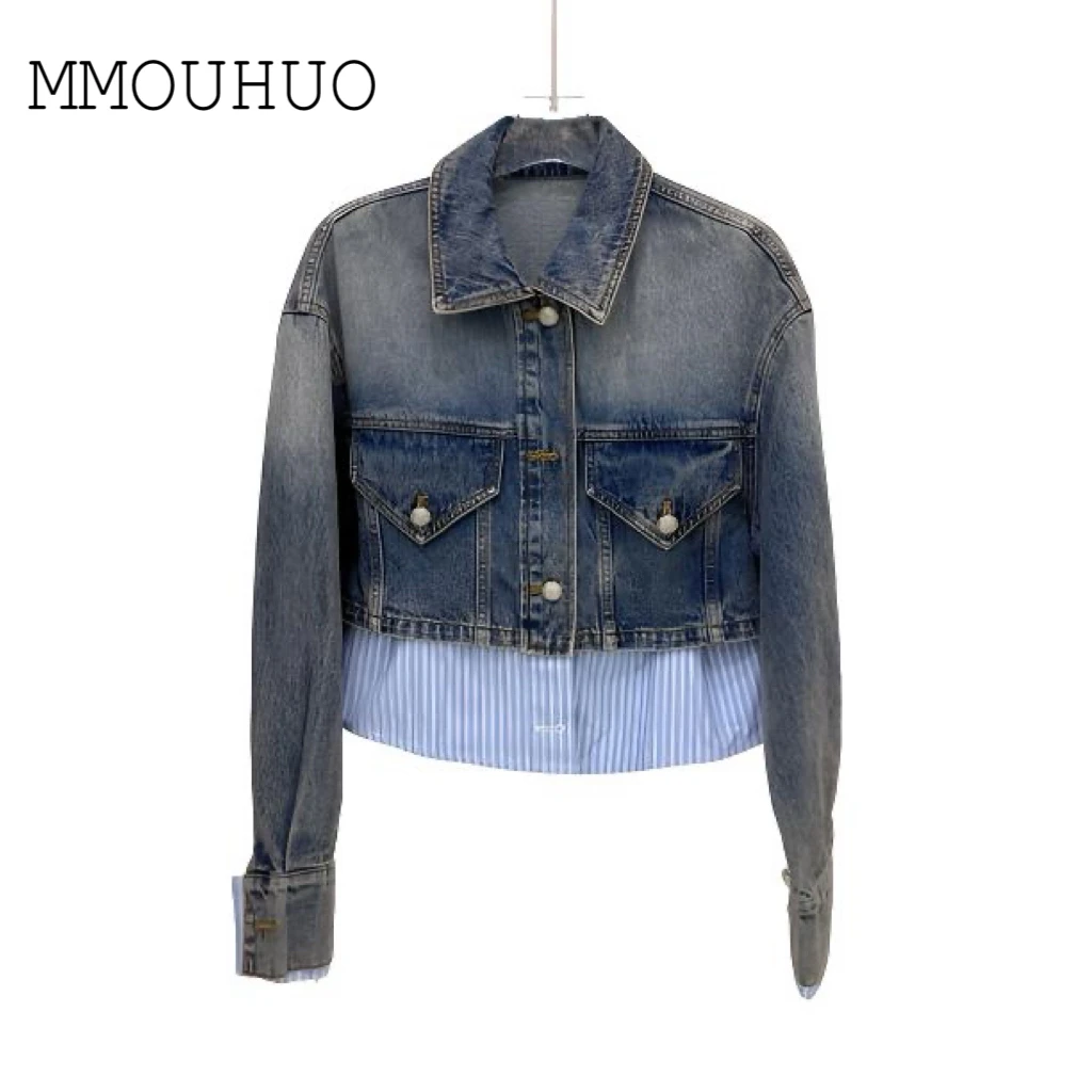 深圳MMOUHUO新款假两件拼接条纹牛仔外套