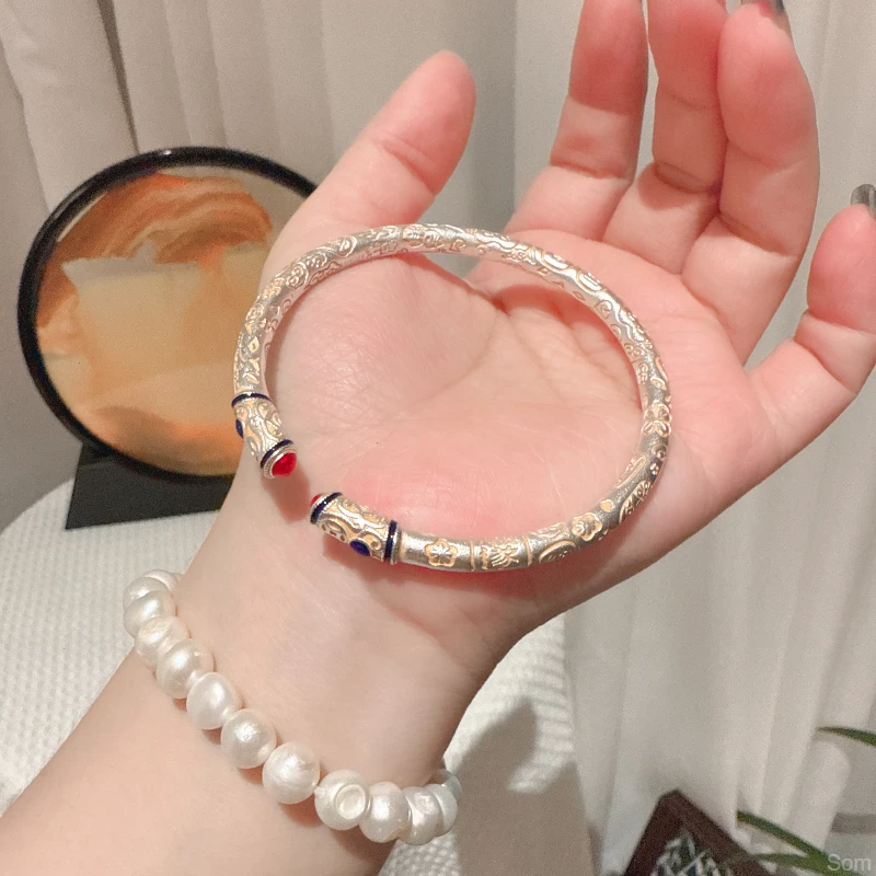 描金手镯9999银新中式珐琅彩开口实心镯子国风简约高级感